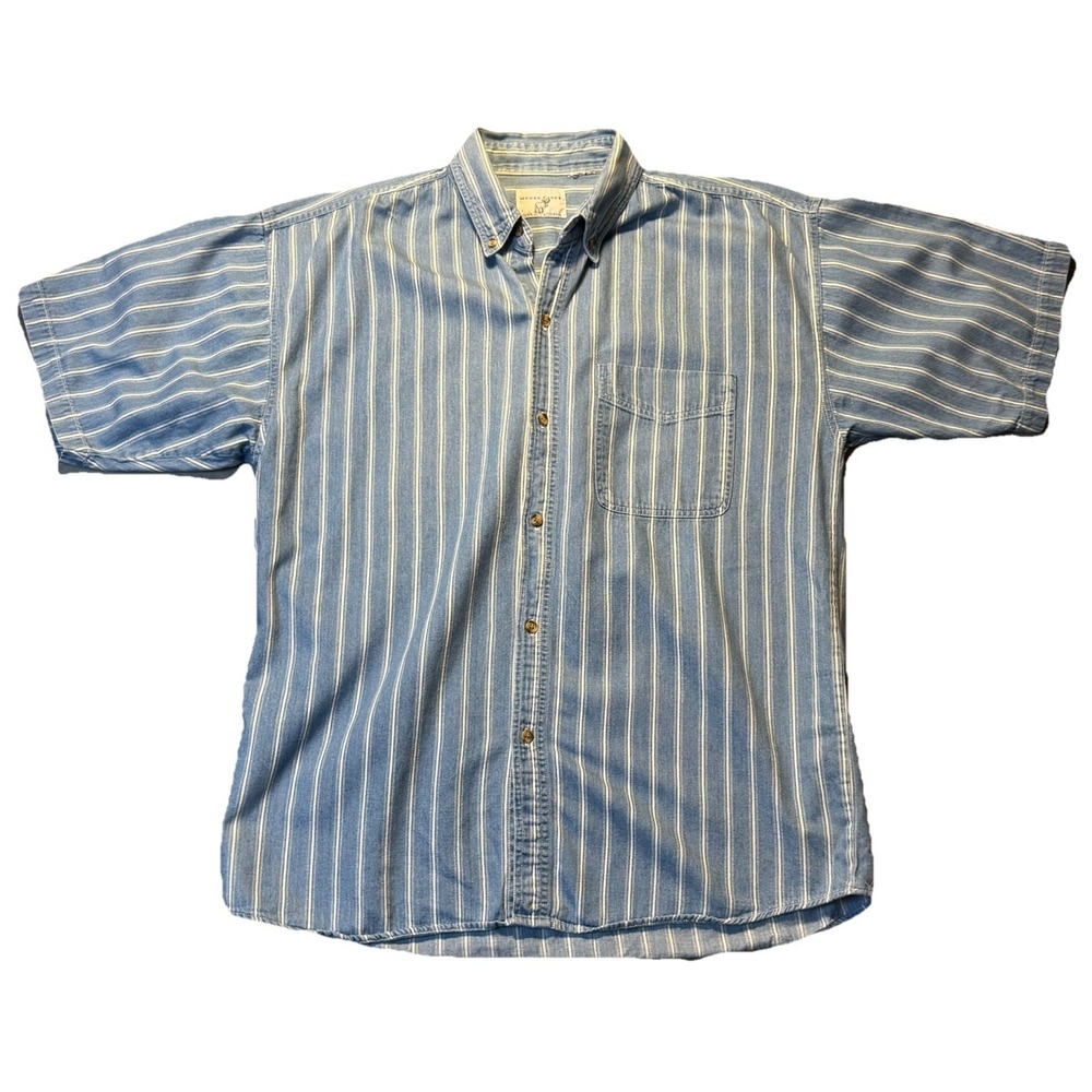 Moose Creek Striped Button Up Shirt Men's Short Sleeve Blue White Casual M/L